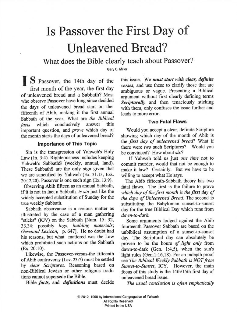 Is the Passover the First Day of Unleavened Bread International